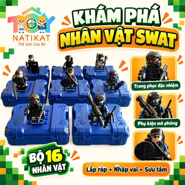 Chi tiết nhân vật và phụ kiện bộ đồ chơi lắp ráp SWAT Lee Brother NATIKAT