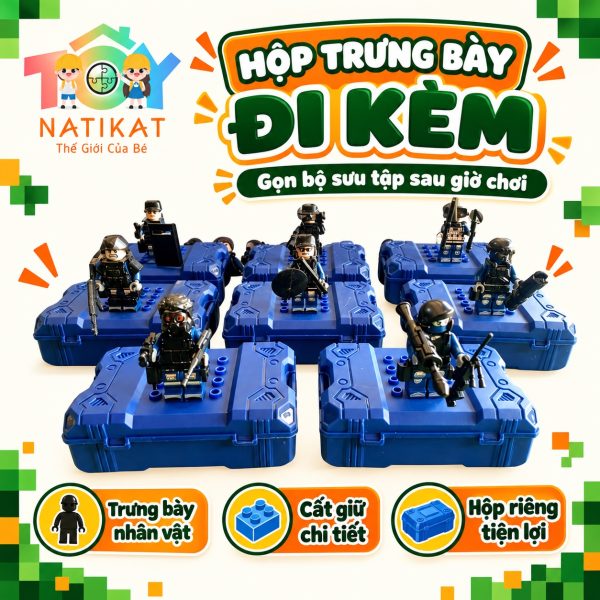Hộp nhựa màu xanh dương đi kèm đồ chơi lắp ráp SWAT Lee Brother