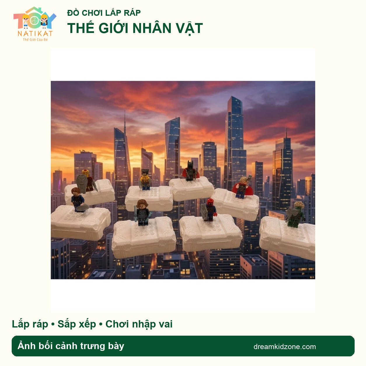 Bối cảnh minh họa nhân vật siêu anh hùng trưng bày trên các hộp trắng
