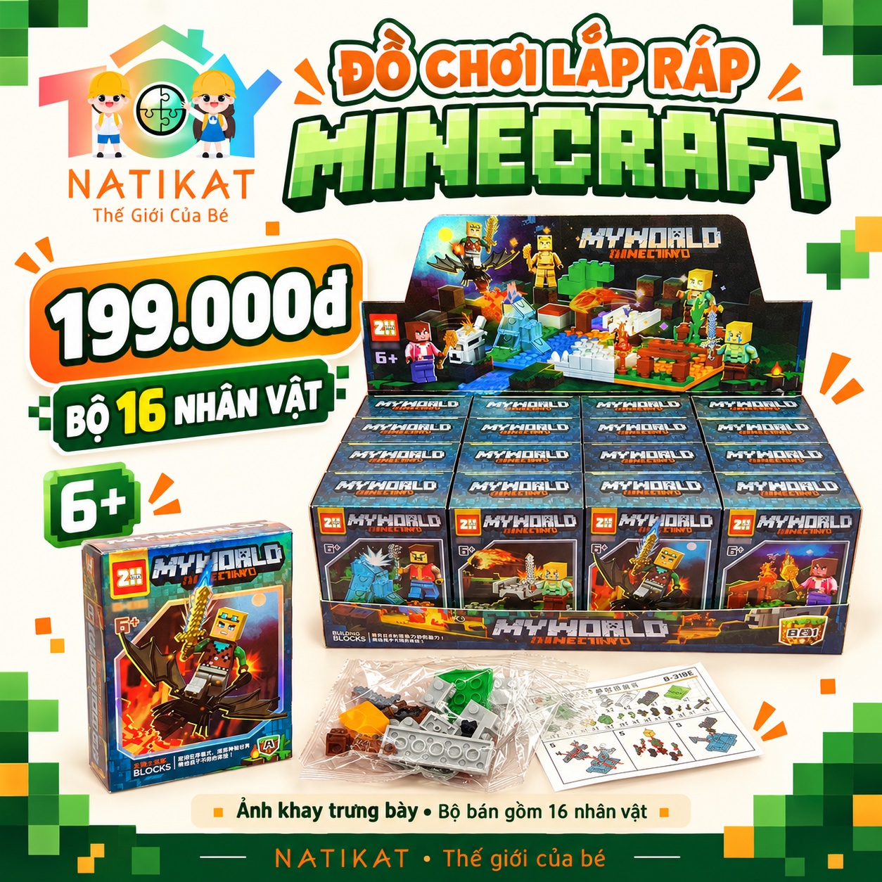 Bộ đồ chơi lắp ráp Minecraft 16 nhân vật NATIKAT giá 199.000đ