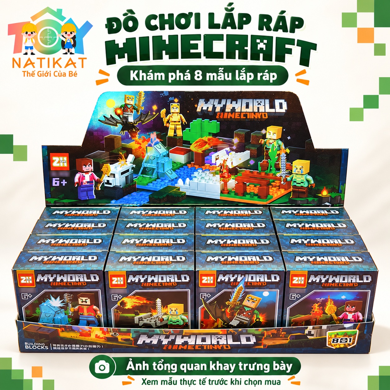 Khay trưng bày dòng đồ chơi lắp ráp Minecraft với 8 mẫu
