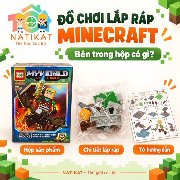 Hộp đồ chơi lắp ráp Minecraft với túi chi tiết và tờ hướng dẫn